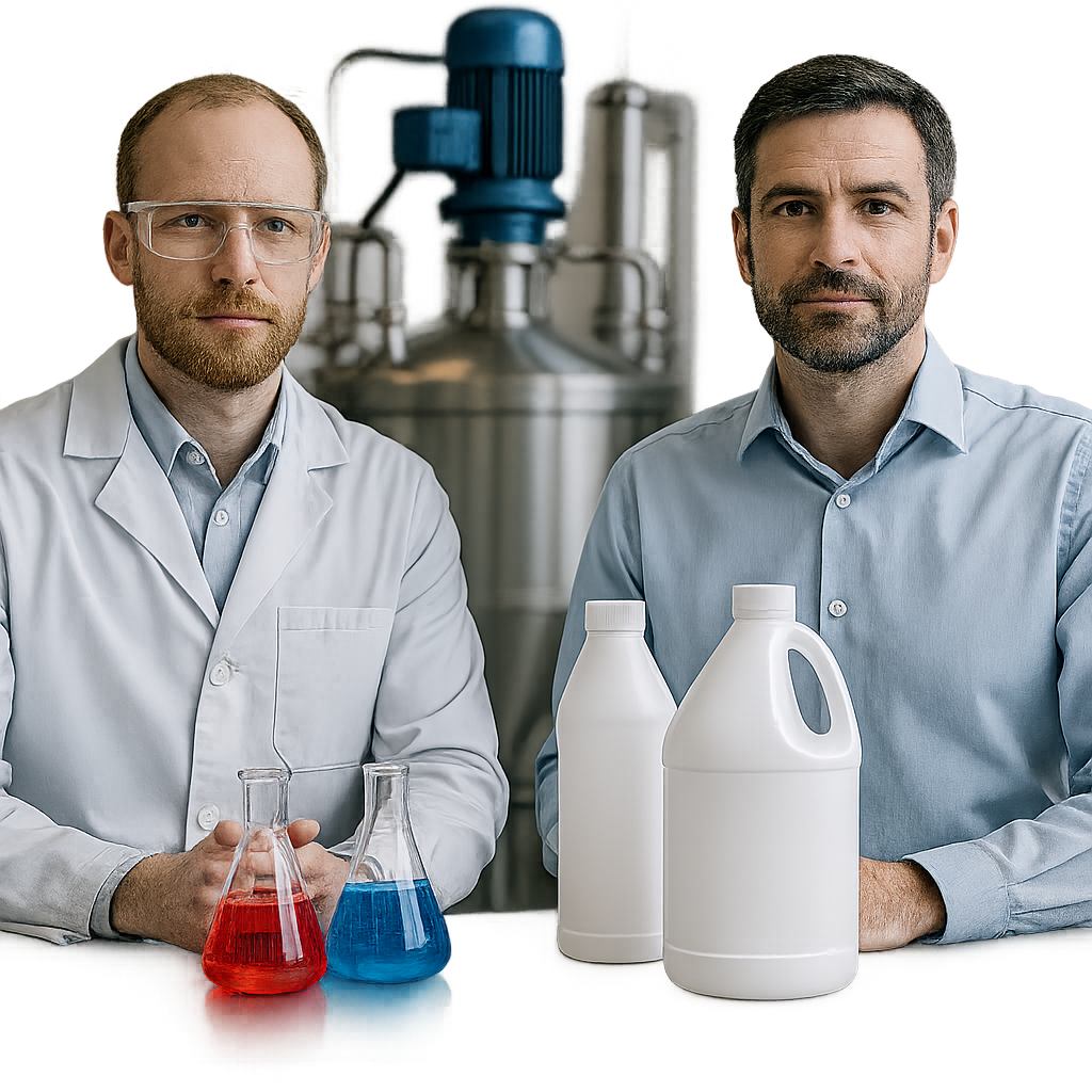 Químico e empresário apresentando soluções para limpeza industrial